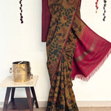 Kalpataru Floral Checks Kalamkari Silk Saree - Mustard