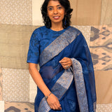 Fern Embroidered Organza Silk Saree - Navy