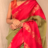 Mishrita Creeper Border Organza Saree - Olive and Red