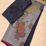 Kalpataru Kamadhenu Kalamkari Silk Saree - Grey