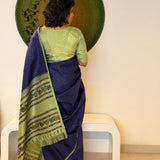 Kalpataru Raindrop Kalamkari Silk Saree - Navy Blue and Green