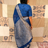 Fern Embroidered Organza Silk Saree - Navy