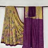Veena Floral Tussar Saree - Citron and Purple