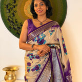 Floral Handprinted Gadwal Silk Saree – Violet