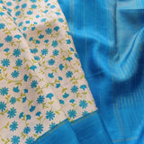 Mila - Turquoise daisies block print saree