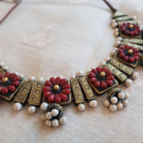 Red and gold  terracotta necklace