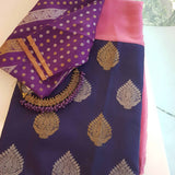 Mishrita-Light pink and navy blue chiffon saree with attached Kanchi silk border