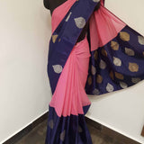 Mishrita-Light pink and navy blue chiffon saree with attached Kanchi silk border