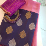 Mishrita-Light pink and navy blue chiffon saree with attached Kanchi silk border