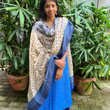 Blue linen kurta with kantha work dupatta