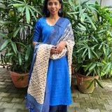 Blue linen kurta with kantha work dupatta