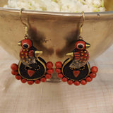 Black, red and gold handmade terracotta bird earring with hook