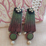 Green and pink shaded long handmade terracotta earring