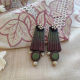 Green and pink shaded long handmade terracotta earring