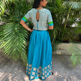 Sky blue and beige hand block printed tussar top and skirt