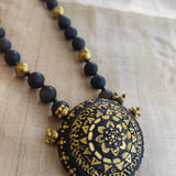 Black and gold handmade terracotta beaded necklace with pendant and tops