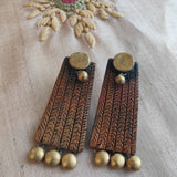 Pale orange and black shaded with gold handmade terracotta long earring