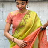 Jhalar - Chartreuse green and peach saree