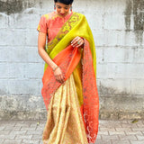 Jhalar - Chartreuse green and peach saree