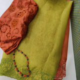 Jhalar - Chartreuse green and peach saree