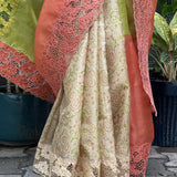 Jhalar - Chartreuse green and peach saree