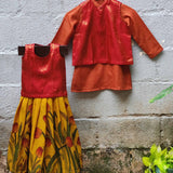 Red Kanchipuram silk coat with orange kota kurta