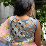 Grey Kanchipuram silk sleeveless blouse with Jhaalar pattern