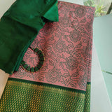 Mila - Dusty pink and green handwoven Kanchipuram silk saree with block print