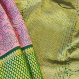 Mila - Dusty pink and green handwoven Kanchipuram silk saree with block print