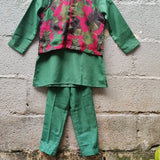 Pink printed satin coat with green kurta and pants