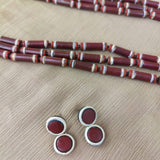 Maroon and white three layred handmade terracotta necklace with earrings