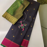 Vera-Black, pink and green handwoven Kanchipuram silk saree with small diamond buttis