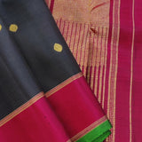 Vera-Black, pink and green handwoven Kanchipuram silk saree with small diamond buttis