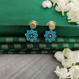 Gold, blue and black handmade terracotta flower earrings