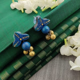 Blue and gold handmade terracotta flower earrings with drops