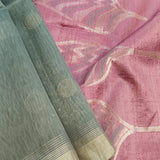 Grey, beige and pink handwoven Matka silk saree with polka dots