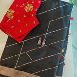 Black handwoven pure silk saree with geometric stripes in Benaras weave