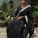 Black handwoven pure silk saree with geometric stripes in Benaras weave