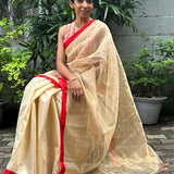 Cream with red satin border organza silk saree