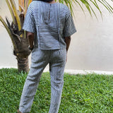 White and black linen printed co-ordinates set with stripes