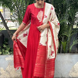 Mila red hibiscus kanchi silk dupatta