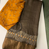 Brown kantha embroidered tussar silk saree