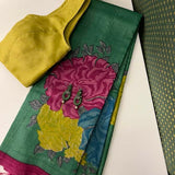 Veena green hydrangea print tussar saree