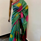 Veena green hydrangea print tussar saree