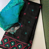 Tushara Black teal kutch embroidered tussar saree