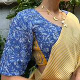 Blue printed kota blouse with mustard accents