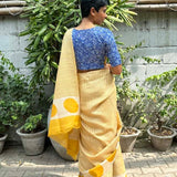 Blue printed kota blouse with mustard accents