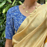 Blue printed kota blouse with mustard accents