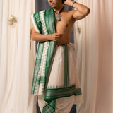 Sah-A White green cotton with silk border veshti set