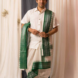 Sah-A White green cotton with silk border veshti set